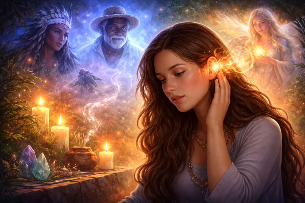 Mulher sentindo zumbido no ouvido com energia espiritual e presença de guias na Umbanda ao redor