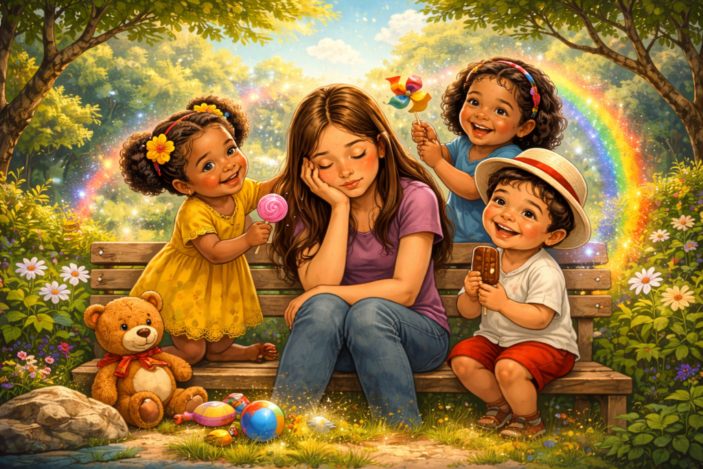 Erês na Umbanda trazendo alegria e alívio emocional para pessoa triste em ambiente natural, representando cura espiritual e leveza