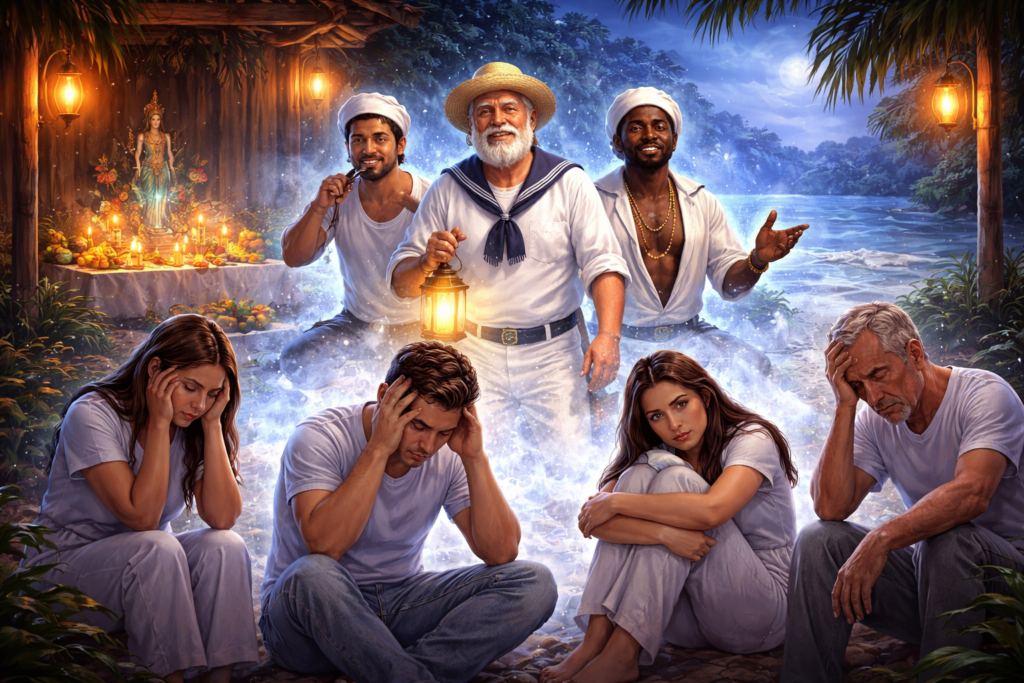 Pessoas buscando ajuda dos Marinheiros na Umbanda em momento de cansaço emocional, confusão mental e necessidade de limpeza espiritual