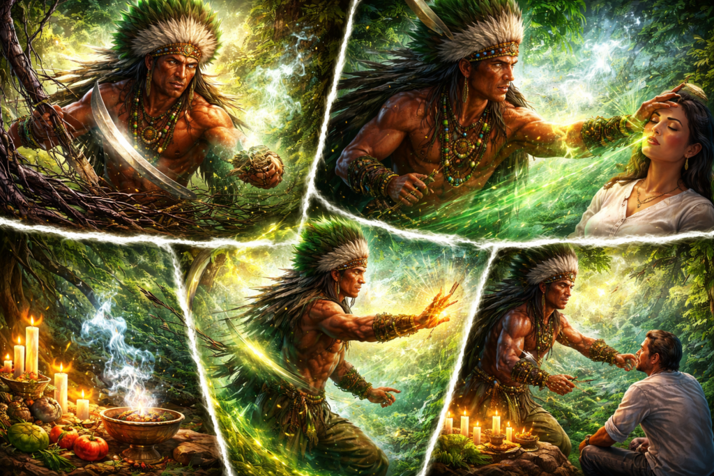 Caboclo na Umbanda realizando limpeza espiritual, cura com ervas, proteção energética e orientação espiritual em ambiente de mata