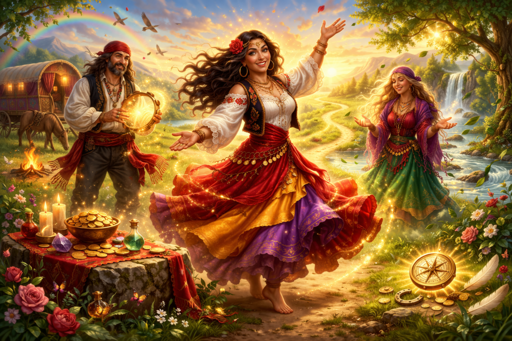 Ciganos na Umbanda representados com alegria, liberdade e conexão com a natureza em ambiente espiritual com energia positiva e prosperidade