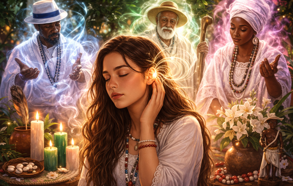 Mulher sentindo energia espiritual no ouvido com guias da Umbanda ao redor em ambiente de proteção e equilíbrio