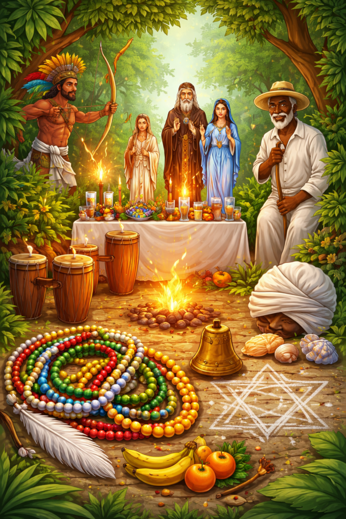 Guias coloridas da Umbanda, símbolos espirituais, atabaques da curimba e entidades como Caboclo e Preto Velho em um terreiro de Umbanda.