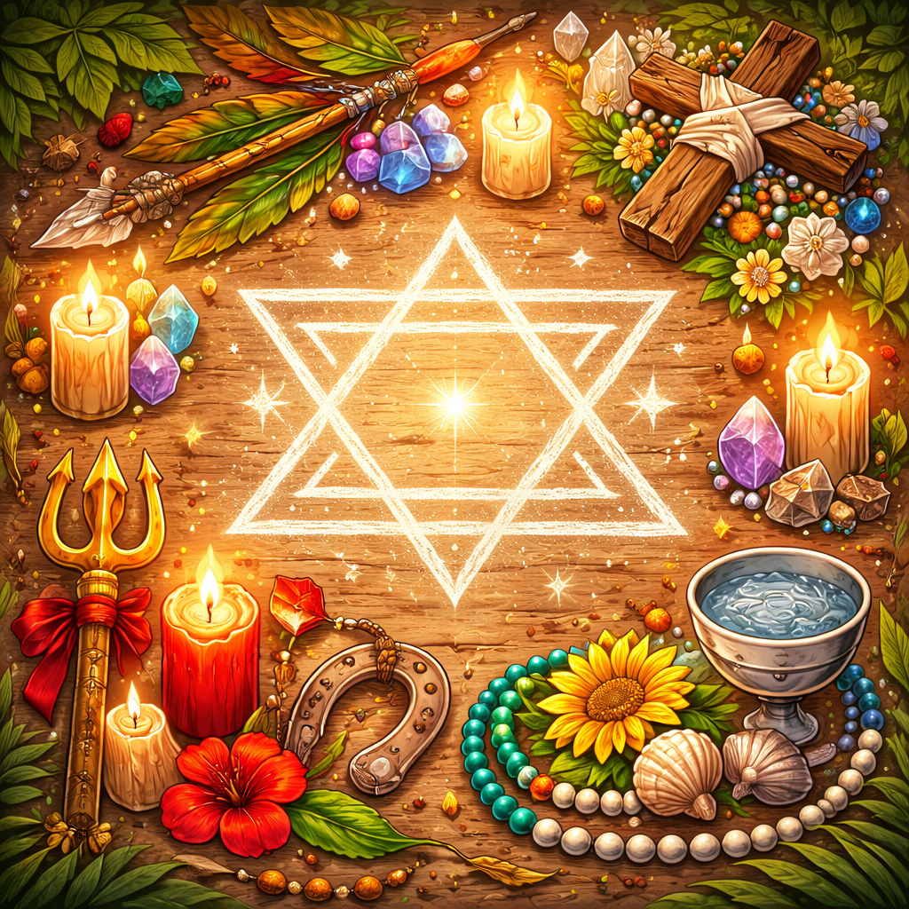 Símbolos da Umbanda como estrela de seis pontas, cruz, vela, flecha e guia espiritual representando os significados sagrados da religião.