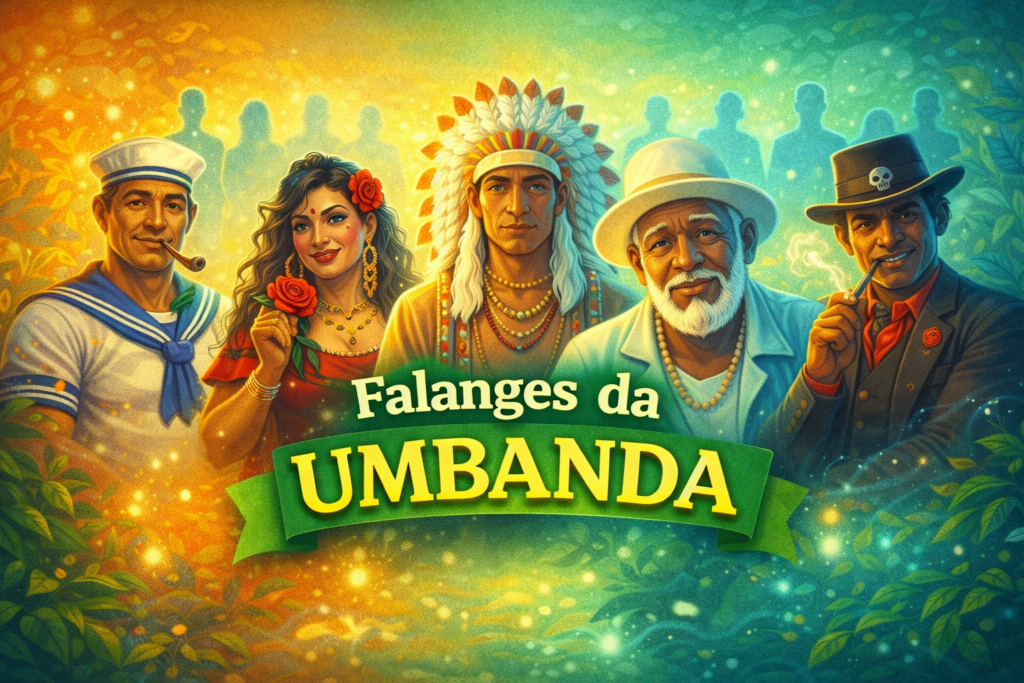 Representação das falanges da Umbanda com entidades espirituais como caboclo, preto velho, marinheiro, pombagira e exu, mostrando a organização espiritual da religião.