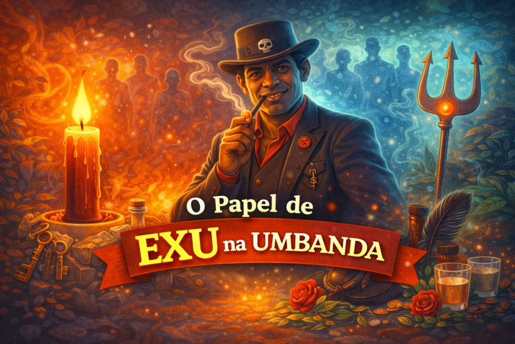 Representação de Exu na Umbanda como guardião espiritual dos caminhos, com vela acesa, tridente e símbolos espirituais usados nos rituais da religião.
