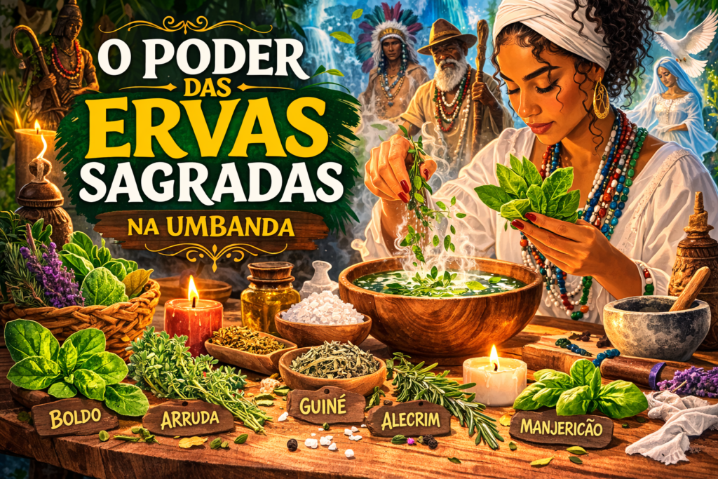 Ervas sagradas usadas na Umbanda como arruda, boldo, guiné, manjericão e alecrim sendo preparadas em ritual espiritual com vela acesa e elementos sagrados.