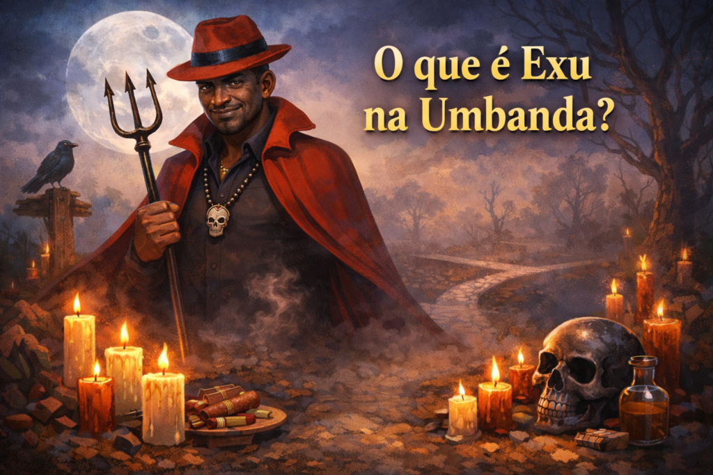 Exu na Umbanda representado em ilustração espiritual na encruzilhada com tridente, velas e elementos ritualísticos.