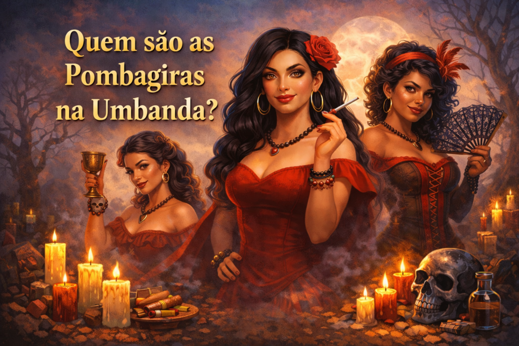 Pombagiras na Umbanda representadas em ilustração espiritual com vestidos vermelhos, velas e elementos ritualísticos.