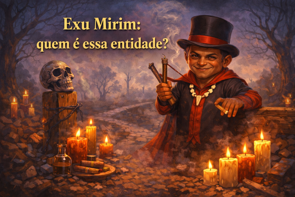 Exu Mirim na Umbanda representado em ilustração espiritual com cartola, velas e elementos ritualísticos.