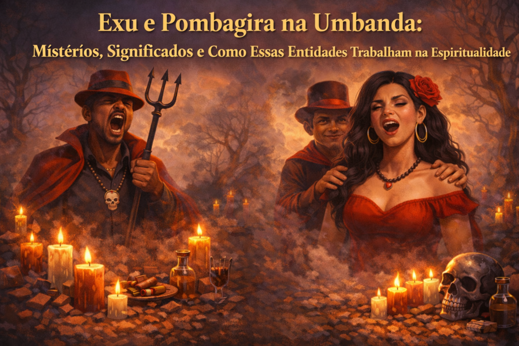 Médiuns incorporados com Exu e Pombagira em ritual espiritual da Umbanda com velas e elementos sagrados.