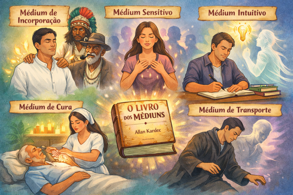 Ilustração mostrando os principais tipos de médium na espiritualidade, como médium de incorporação, sensitivo, intuitivo, de cura e de transporte.