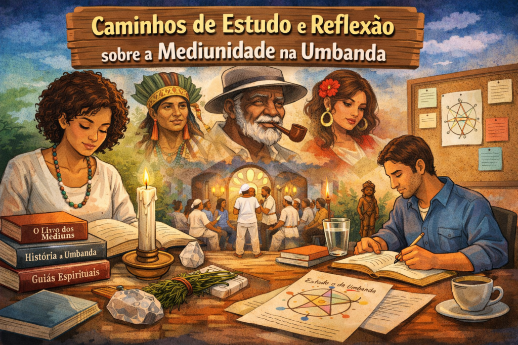 Ilustração representando estudo e reflexão sobre a mediunidade na Umbanda com leitura de livros espirituais e presença simbólica de guias espirituais.