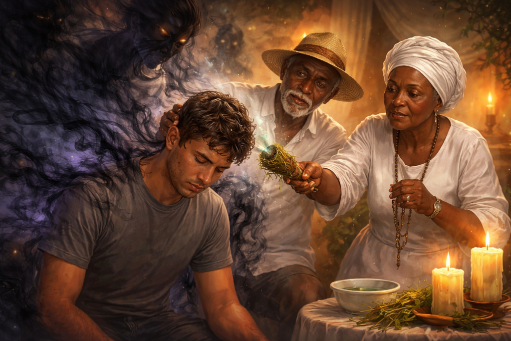Ilustração de Pretos-Velhos realizando limpeza espiritual em consulente, retirando energias negativas e influências espirituais densas na Umbanda.