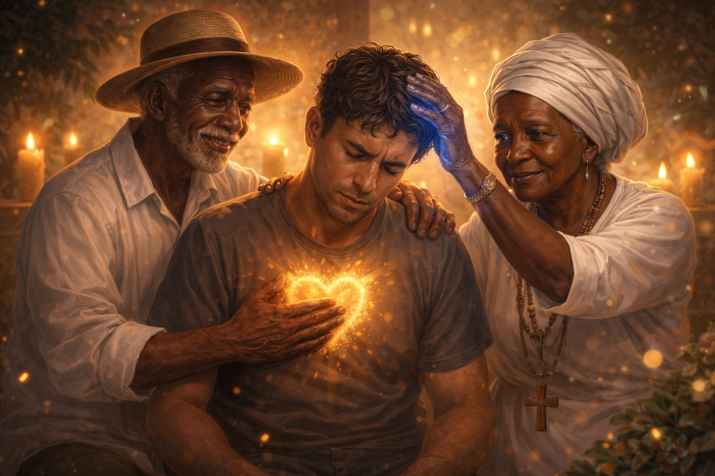 Ilustração de Pretos-Velhos realizando cura emocional e espiritual em consulente, transmitindo paz, equilíbrio e acolhimento na Umbanda.
