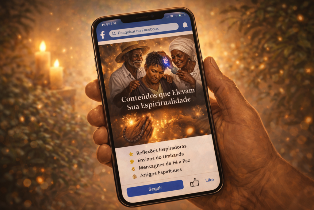 Ilustração de celular com página de espiritualidade da Umbanda mostrando conteúdos de fé, reflexão e mediunidade para fortalecer a conexão espiritual.