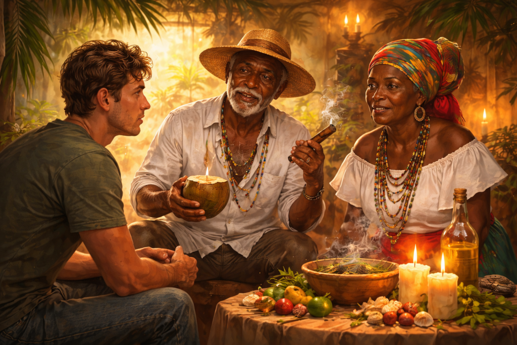 Ilustração de Baianos na Umbanda realizando limpeza espiritual e proteção energética em consulente com energia carregada e ambiente espiritual.