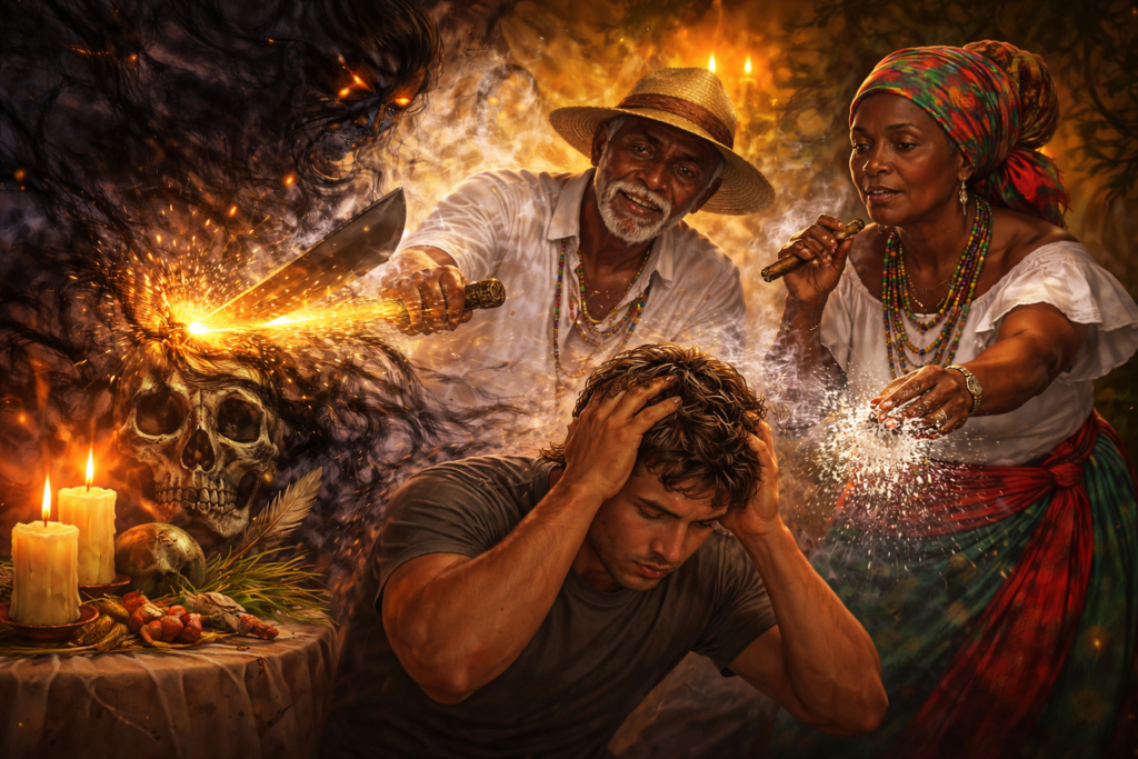 Ilustração de Baianos na Umbanda quebrando demanda espiritual e removendo energias negativas de consulente com proteção e firmeza espiritual.