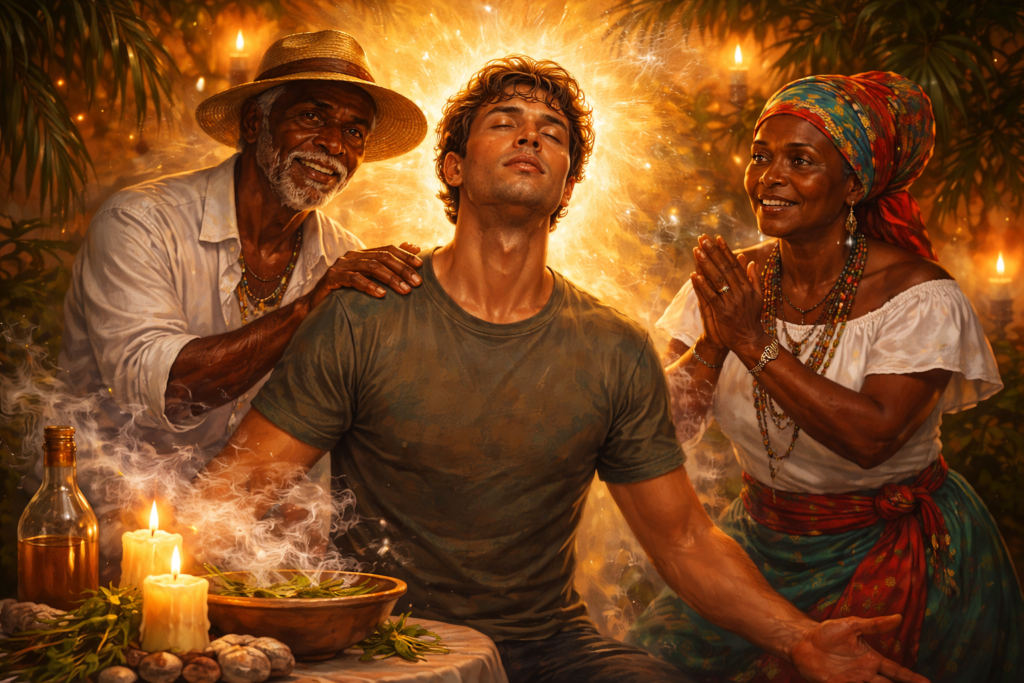 Ilustração de Baianos auxiliando no desenvolvimento mediúnico de médium em incorporação com orientação espiritual e equilíbrio energético.