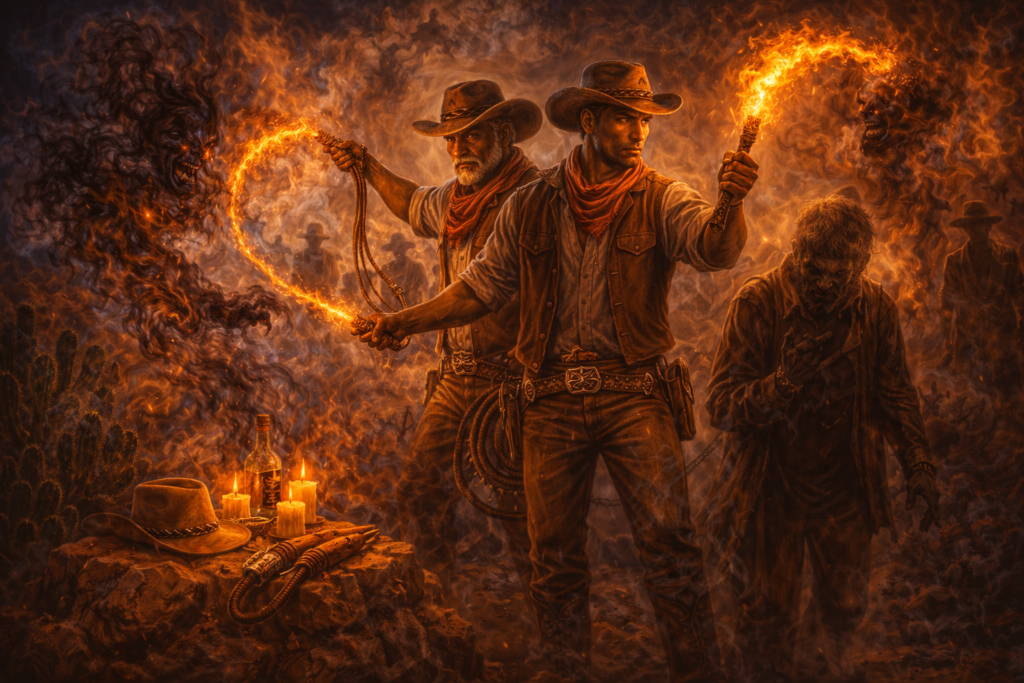 Ilustração de Boiadeiros na Umbanda realizando limpeza espiritual, quebrando energias negativas e conduzindo espíritos obsessores.