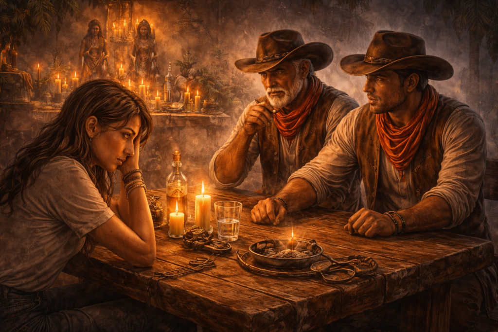 Boiadeiros na Umbanda oferecendo proteção espiritual e orientação para pessoa em momento de dificuldade e energia negativa.