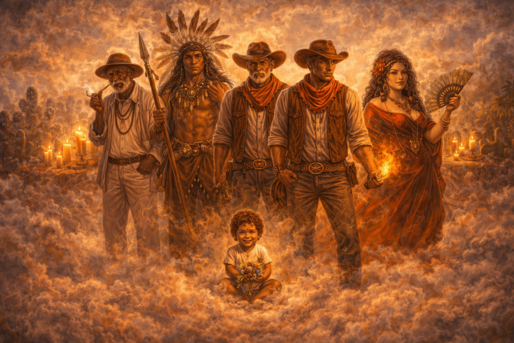 Ilustração das linhas espirituais da Umbanda com Boiadeiros, Caboclos, Pretos Velhos, Erê e Pombagira atuando juntos em harmonia espiritual.