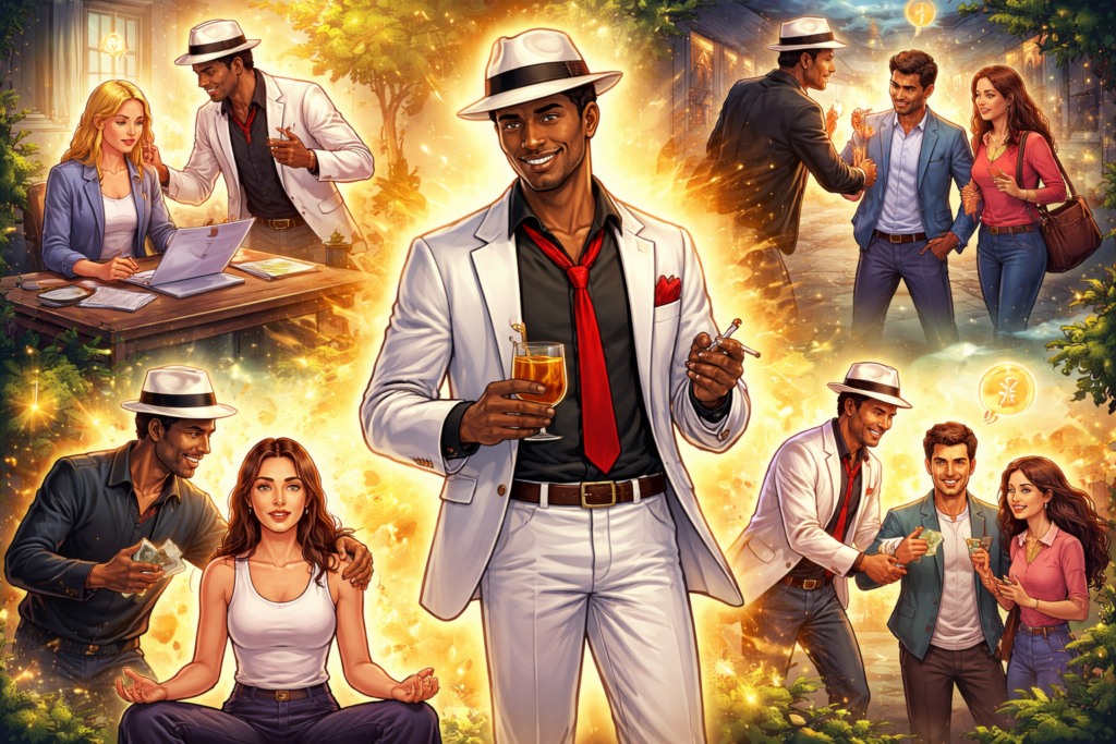 Malandro da Umbanda orientando pessoas em situações do cotidiano, trazendo proteção espiritual, abertura de caminhos e fortalecimento pessoal em desenho artístico