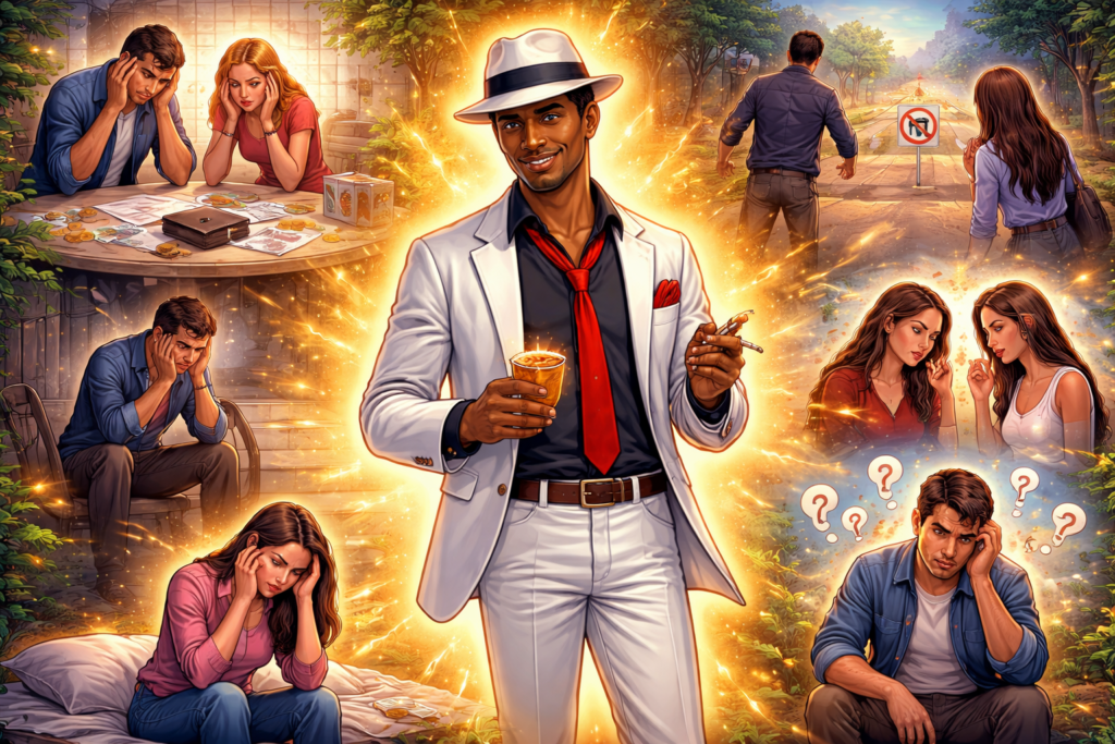 Malandro da Umbanda auxiliando pessoas em dificuldades financeiras, caminhos fechados, problemas com pessoas falsas e indecisão em ilustração espiritual