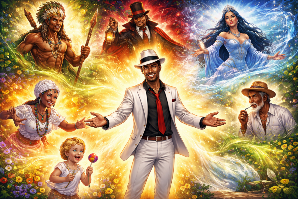 Malandro da Umbanda conectado com outras linhas espirituais como Caboclos, Pretos-Velhos, Exus, Baianos e Iemanjá em ilustração espiritual