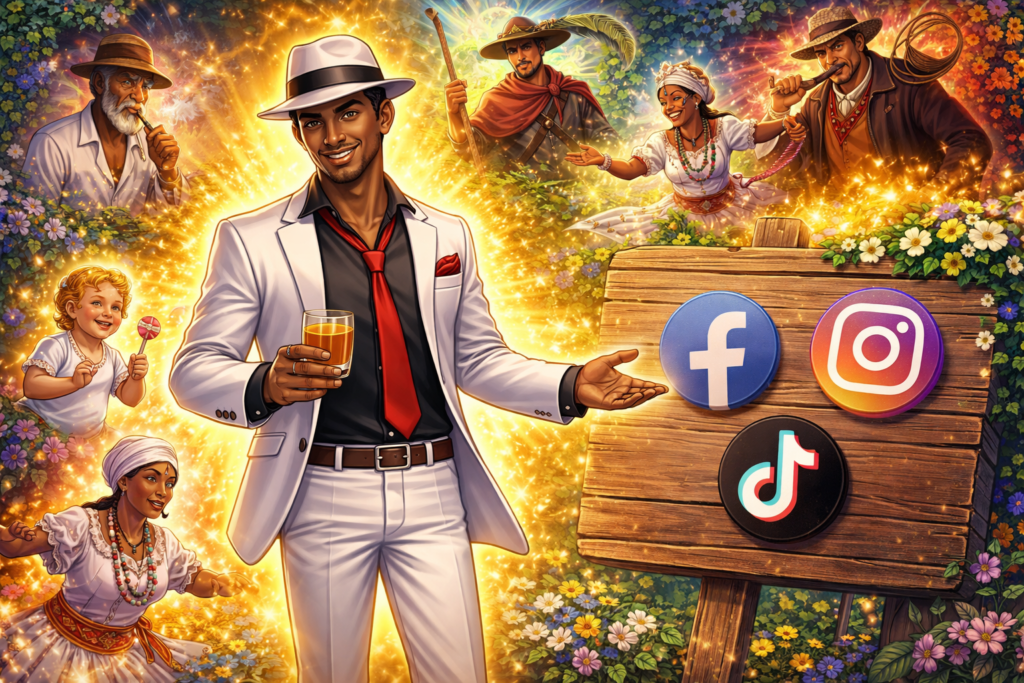 Malandro da Umbanda apresentando linhas espirituais como Pretos Velhos, Caboclos, Erês, Baianos, Boiadeiros e Marinheiros com ícones de redes sociais