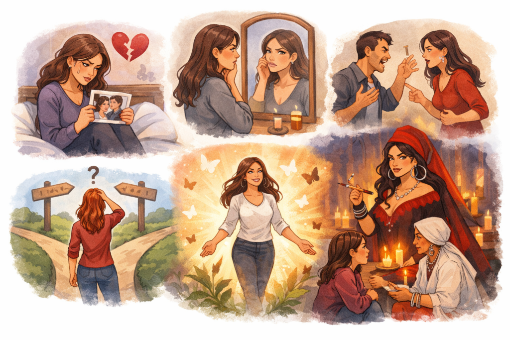 Ilustração de mulheres passando por dificuldades emocionais, conflitos amorosos, insegurança, decisões difíceis e transformação espiritual com a energia das Pombagiras