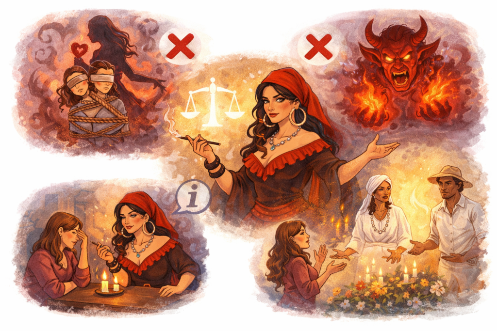 Ilustração desmistificando crenças sobre Pombagira, mostrando equilíbrio espiritual, orientação e rejeição de ideias negativas como manipulação e perigo