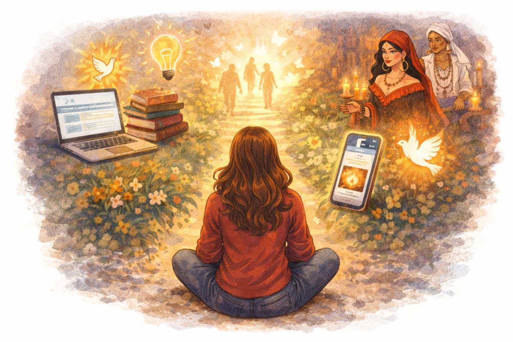 Ilustração de jornada espiritual na Umbanda com pessoa estudando, caminho iluminado e orientação espiritual representando evolução e autoconhecimento