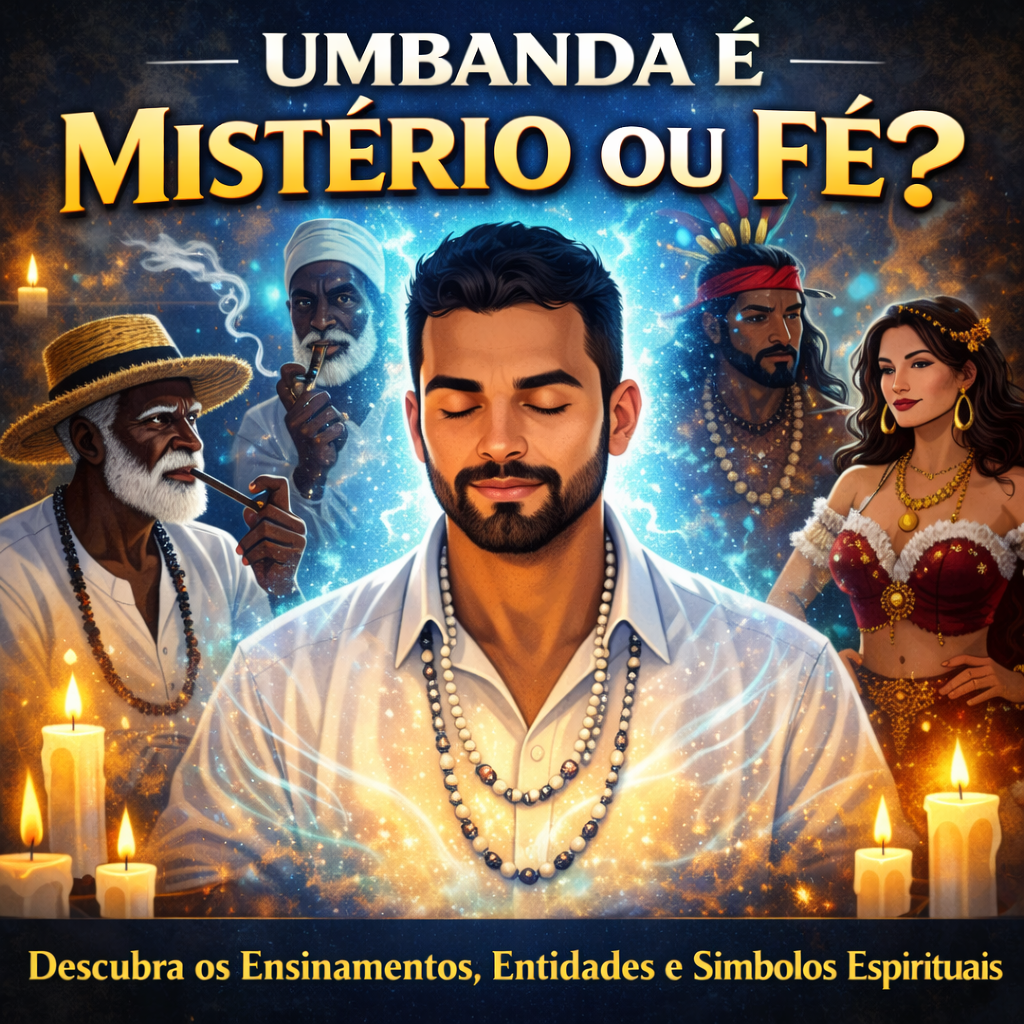 Ilustração espiritual da Umbanda com médium vestido de branco cercado por entidades como preto velho, caboclo e pombagira representando os fundamentos da religião umbanda.