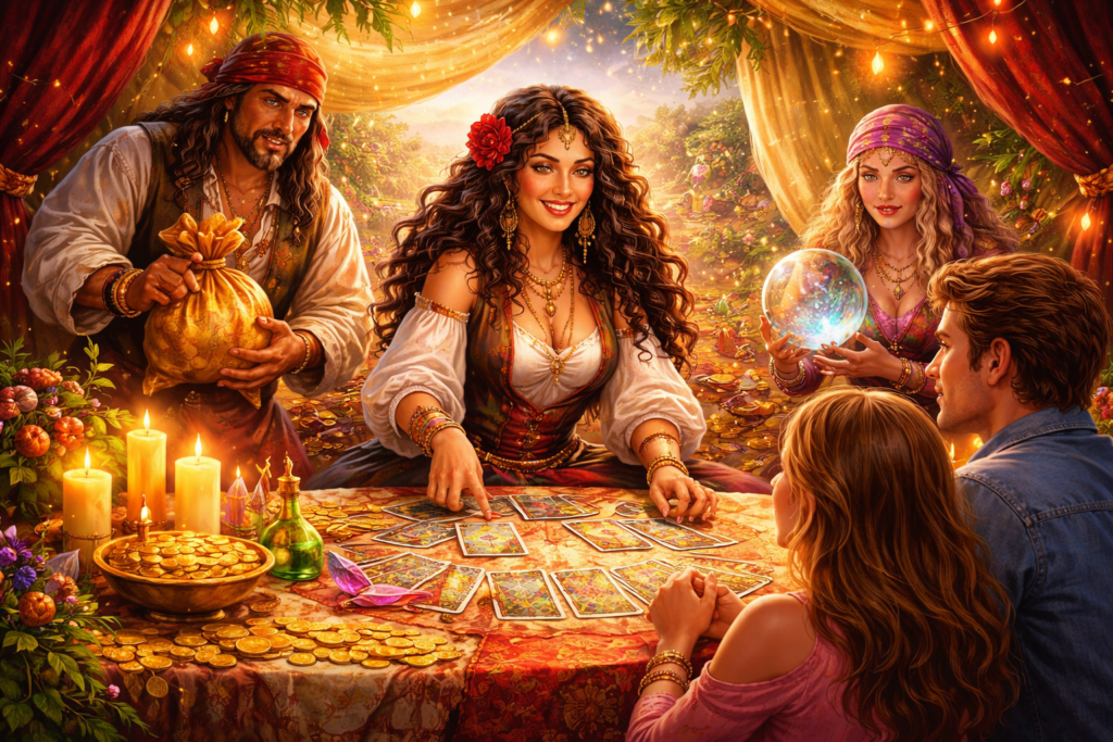 Ciganos na Umbanda realizando orientação espiritual com foco em prosperidade, equilíbrio emocional e energia positiva em atendimento a consulentes