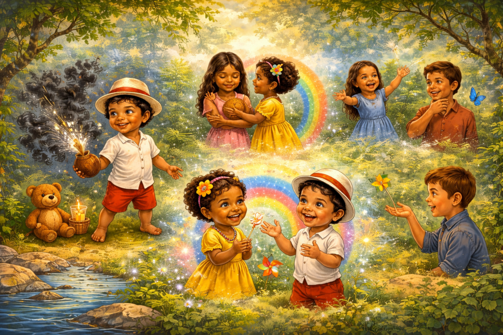 Erês na Umbanda realizando trabalhos espirituais de cura, limpeza energética e elevação vibracional em ambiente natural com crianças espirituais