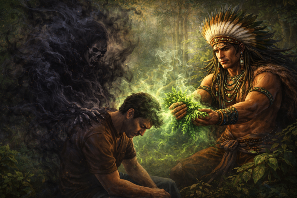 Caboclo na Umbanda realizando limpeza espiritual com ervas enquanto afasta um obsessor e energias negativas de uma pessoa