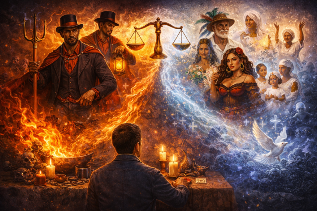 Ilustração representando o equilíbrio entre as linhas espirituais da Umbanda com Exus e outras entidades atuando em harmonia entre proteção, justiça e elevação espiritual