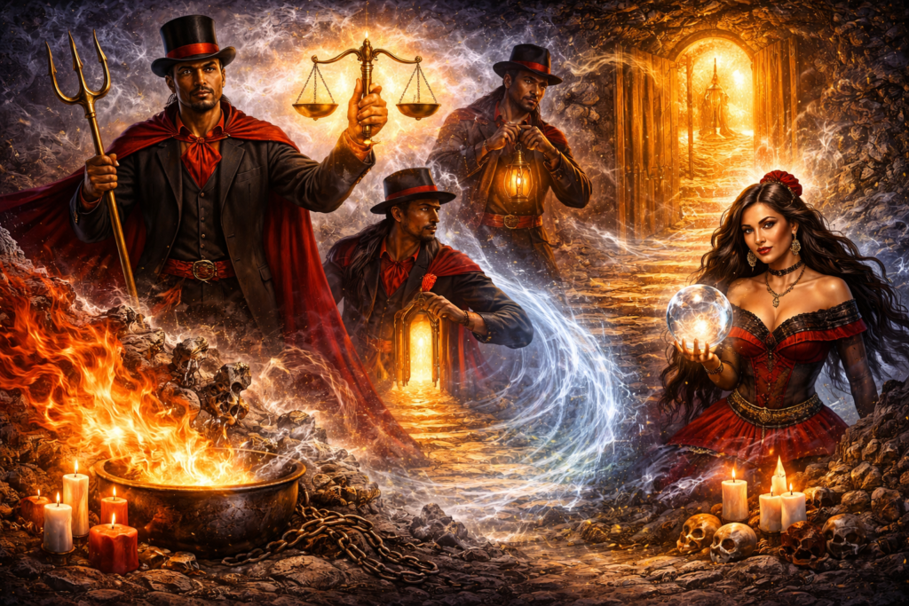 Ilustração de Exus na Umbanda representando justiça espiritual, proteção, transformação de energias, abertura de caminhos e clareza espiritual