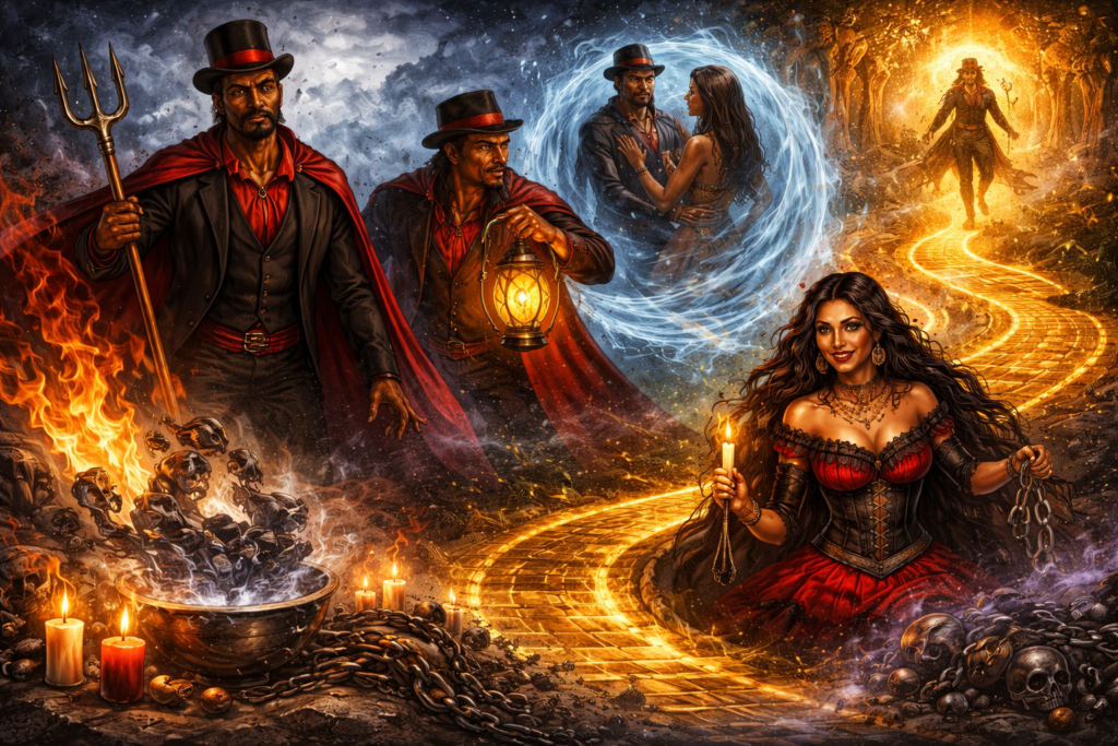 Ilustração de Exus na Umbanda realizando limpeza espiritual, proteção energética, abertura de caminhos e atuação na justiça espiritual em ambiente simbólico