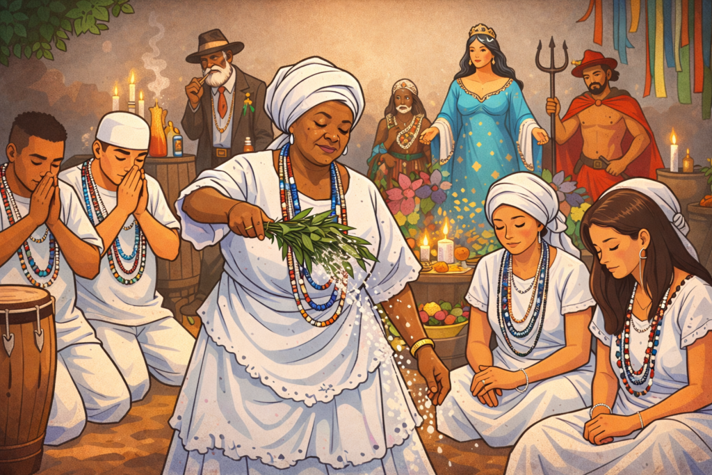Ilustração espiritual da Umbanda mostrando médium vestido de branco segurando guia espiritual, cercado por entidades como preto velho, caboclo e pombagira em um ambiente de terreiro com velas e ponto riscado.