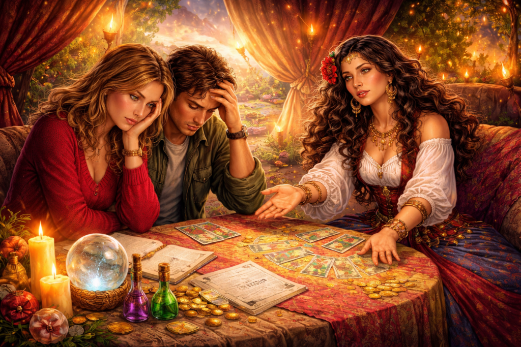 Pessoas buscando ajuda espiritual com Ciganos na Umbanda em momento de dificuldade financeira, emocional e necessidade de orientação e equilíbrio