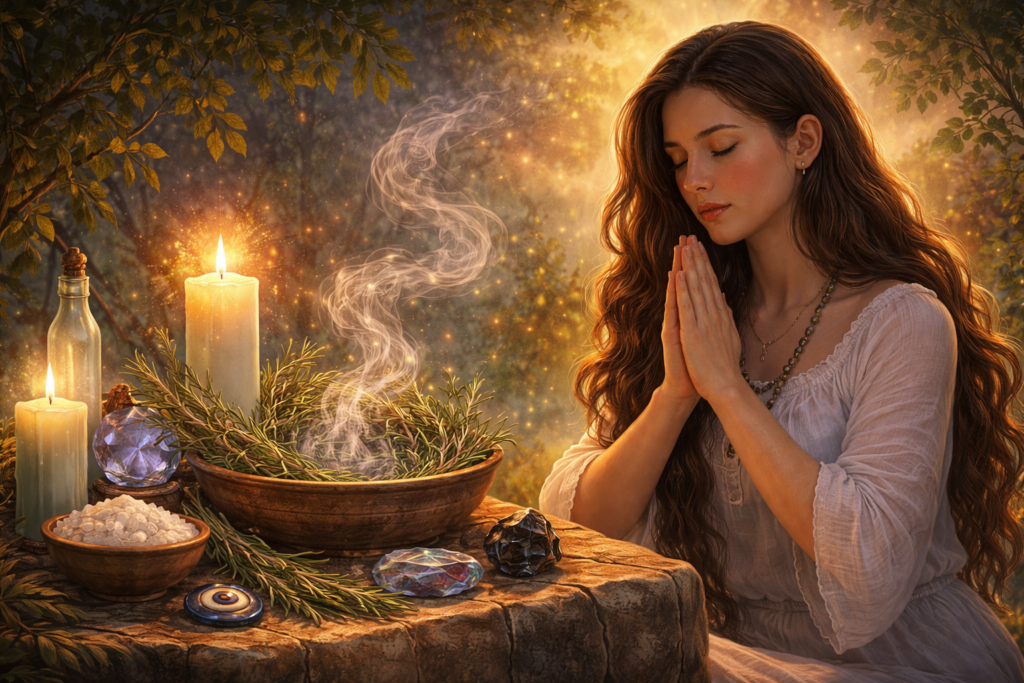 Mulher fazendo oração com vela e ervas para limpeza espiritual e proteção energética na Umbanda