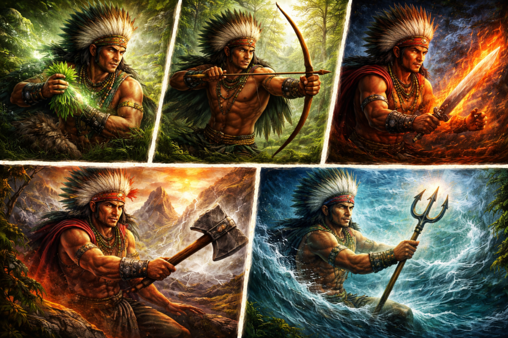 Representação de diferentes tipos de Caboclos na Umbanda em ambientes naturais, simbolizando cura, força, justiça, estratégia e limpeza espiritual