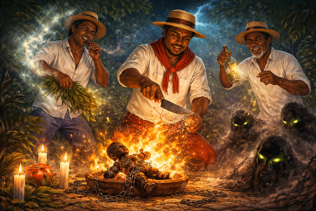 Baianos na Umbanda realizando limpeza espiritual e quebra de demandas com fogo, ervas e proteção contra energias negativas