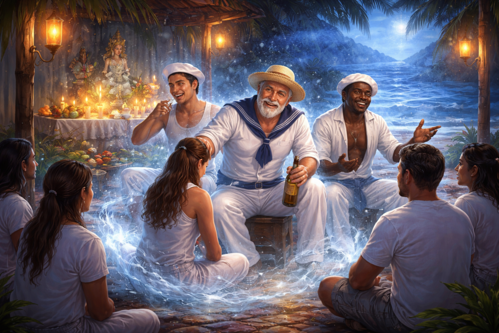 Marinheiros na Umbanda realizando atendimento espiritual com limpeza energética e equilíbrio emocional em terreiro com energia do mar