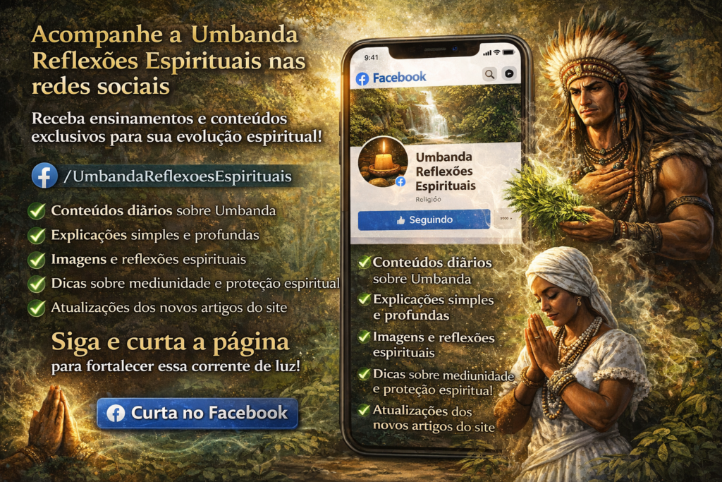 Ilustração espiritual convidando a seguir a página Umbanda Reflexões Espirituais no Facebook, com Caboclo e energia de luz ao redor