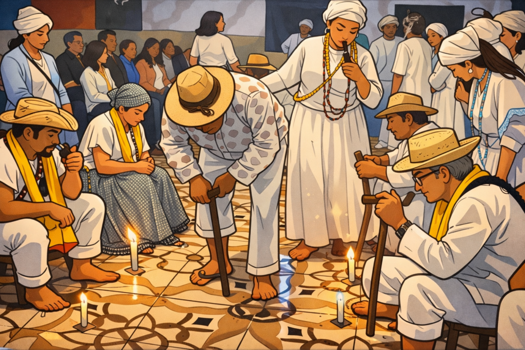 Ilustração de um terreiro de Umbanda com médiuns vestidos de branco e entidades como pretos velhos realizando um ritual espiritual com velas e ponto riscado no chão.