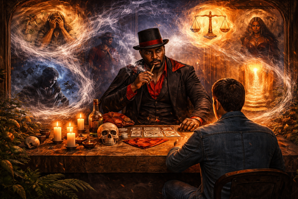 Ilustração de atendimento espiritual com Exu na Umbanda mostrando momentos de dificuldade, busca por proteção, justiça e abertura de caminhos