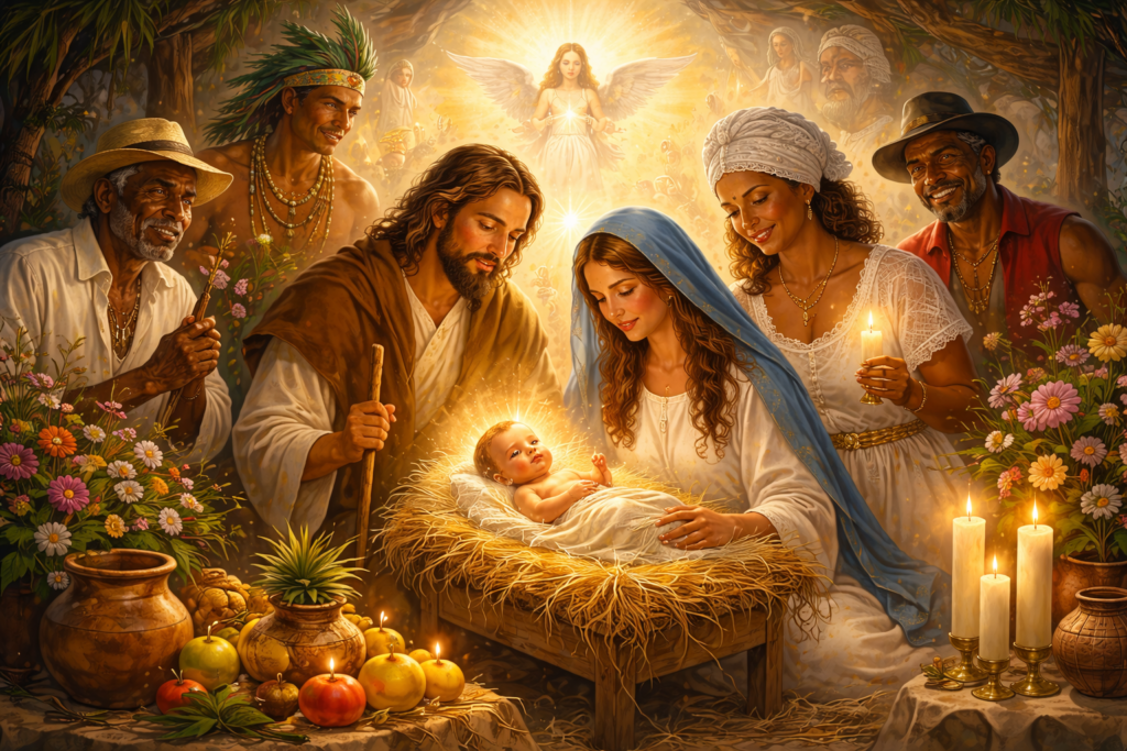 Representação do nascimento de Jesus com luz espiritual em cenário inspirado na Umbanda, simbolizando amor, fé e renovação espiritual
